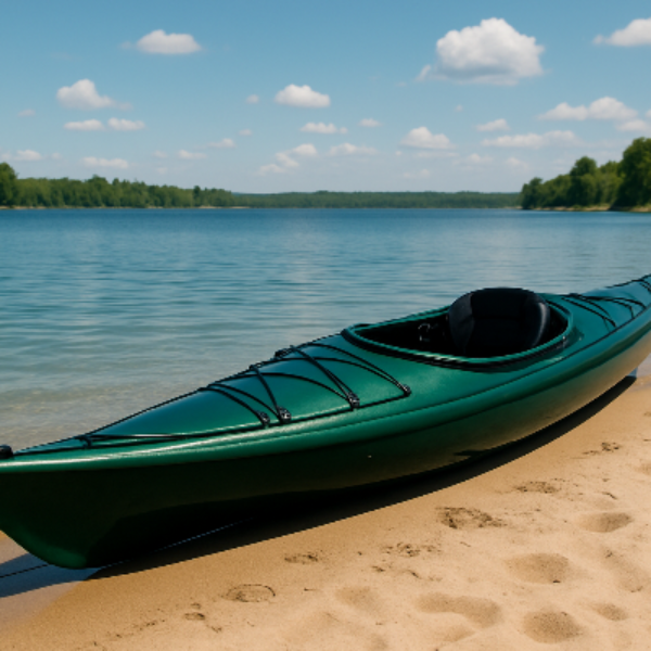 make the kayak a deep green and have it pulled up to a beach on a lake