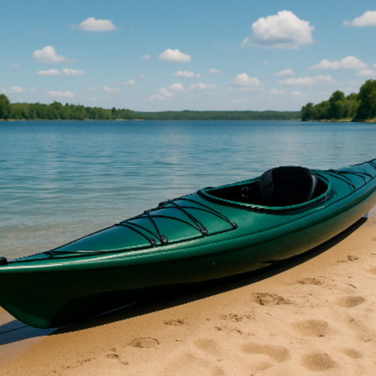 make the kayak a deep green and have it pulled up to a beach on a lake