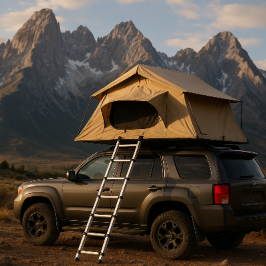 rooftop tent with a mountain in the background